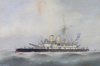 William Mackenzie Thomson (1870-1892), watercolour signed, steam warship with distant vessels 30cm x 44cm 
