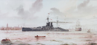 Will C Cluett, watercolour signed, "HMS Queen Elizabeth Portsmouth September 1914" 22cm x 47cm 