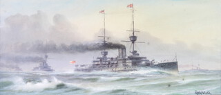 Harold Whitehead, watercolour signed, "HMS Majestic" 22cm x 51cm 