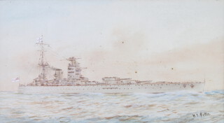 W T Sutton, watercolour signed, "HMS Nelson, Atlantic Fleet and Home Fleet" flying the flag of Sir Admiral John Kelly 14cm x 24cm 