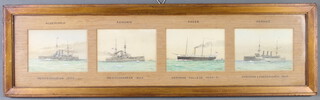 William Frederick Mitchell 1905 (1845-1914), watercolours signed and dated, "Albemarle Mediterranean 1903, Renown and Mediterranean 1904, Rooster Osborne College 1904-1905 and Hermes Osborne and Portsmouth 1905" 10cm x 14cm, four framed as one 