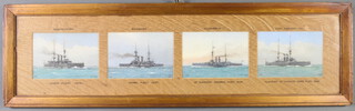 William Frederick Mitchell 1909 (1845-1914), watercolours signed and dated, "Resolution Home Fleet 1906, Bullock Home Fleet 1907, Hibernia Second Flagship Chanel Fleet 1908 and King Edward VII Flag Ship Second Division Home Fleet 1909" 10cm x 14cm, four framed as one 