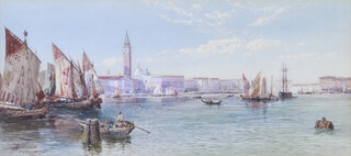 Charles Edmund Rowbotham 1901 (1856-1921) "Grand Canal Venice with figures in Vessels" 20cm x 46cm 