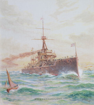 J Halliday, watercolour signed and inscribed "HMS Dreadnought" 24cm x 21.5cm 