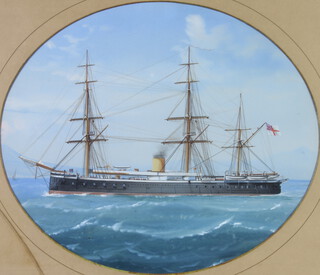19th Century gouache unsigned, "HMS Monarch", oval 28cm x 33cm 