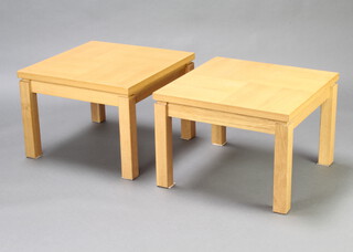 A pair of mid Century square light oak lamp tables with quarter veneered tops 42cm x 50cm 