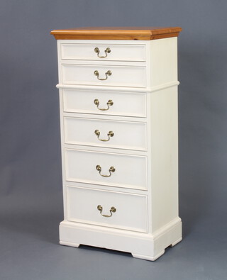 A white painted pine pedestal chest of 6 drawers with brass swan neck drop handles, raised on bracket feet 109cm h x 54cm w x 34cm d 