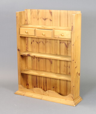 A pine dresser top with moulded cornice fitted 3 shelves and 3 drawers 119cm h x 94cm w x 26cm d 