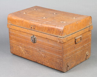 A pressed metal twin handled cabin trunk with hinged lid 42cm h x 66cm w x 45cm d (some dents) 
