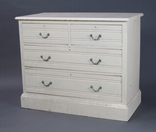 An Edwardian white painted oak chest of 2 short and 3 long drawers with swan neck drop handles, raised on a platform base 87cm h x 107cm w x 54cm d  