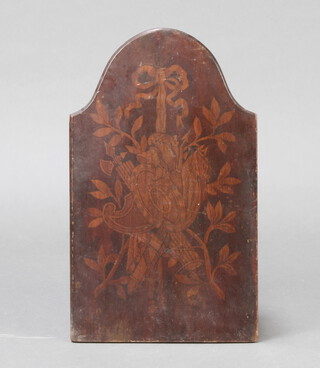 An Edwardian arch shaped painted mahogany panel decorated musical trophies 43cm h x 26cm (warped)