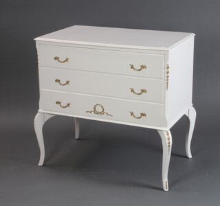 A white painted Louis style chest of 3 drawers on cabriole supports 76cm h x 77cm w x 46cm d 