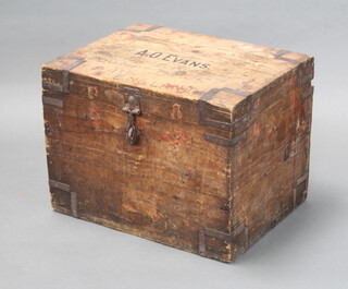 A 19th Century metal bound pine plate box with iron clasp, lid marked A O Evans 45cm h x 61cm w x 46cm d  