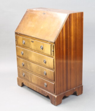 A Queen Anne style walnut bureau with crossbanded fall front above 2 short and 3 long drawers, on bracket feet 100cm h x 76cm w x 44cm d (some sun bleaching and light scratching in places)