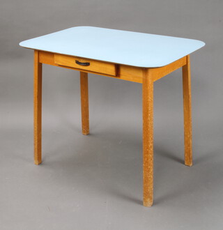 A 1950/60's Guildform beech framed kitchen table with blue formica top and frieze drawer 75cm h x 89cm l x 59cm w (water stains to the legs)