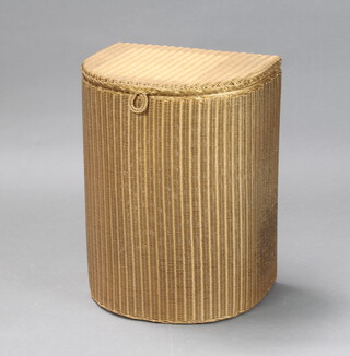 A gold painted Lloyd Loom crescent shaped linen basket with hinged lid 54cm h x 14cm w x 31cm d 
