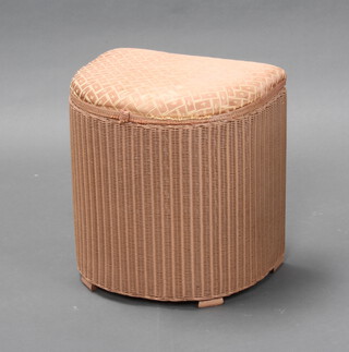 A pink painted crescent shaped Lloyd Loom linen basket with hinged lid 43cm h x 40cm w x 31cm d 