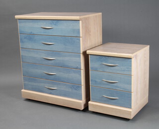 A limed oak and laminate effect chest of 5 drawers on a platform base 97cm h x 76cm w x 45cm d together with a ditto pedestal chest of 3 drawers 58cm x 43cm x 45cm d