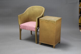 A gold painted Loom bedroom tub back chair and a ditto rectangular linen basket 59cm h x 38cm w x 30cm d  
