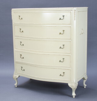A Louis style chest of serpentine outline fitted 5 drawers on cabriole supports 107cm h x 91cm w x 48cm d 