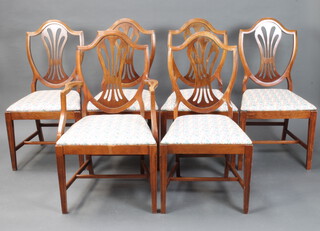 A set of 6 Hepplewhite style mahogany shield back dining chairs - 1 carver, 5 standard, with floral upholstered drop in seats (some contact marks in places)