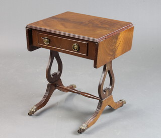 A Georgian style miniature drop flap mahogany sofa table fitted a drawer, raised on lyre supports 51cm h x 44cm w x 38cm d (light scratching to the top) 
