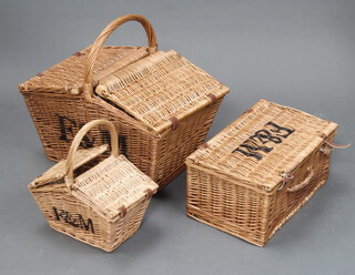 Two wedge shaped Fortnum and Mason wicker hampers 33cm h x 37cm w x 50cm d and 18cm x 28cm x 20cm and a rectangular ditto 20cm x 42cm x 27cm 