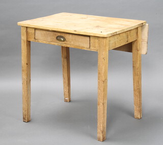 A 19th Century drop flap pine kitchen table fitted a drawer, on square tapered supports 73cm h x 74cm w x 53cm d 