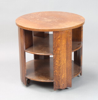 An Art Deco circular oak 3 tier occasional table 57cm h x 61cm diam. (top is loose and water marks) 