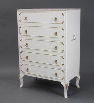 A Louis style chest of 5 drawers with gilt drop handles, on cabriole supports 110cm h x 76cm w x 40cm d 