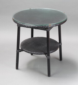 A W Lusty & Sons Lloyd Loom circular black painted 2 tier occasional table with plate glass top 63cm h x 61cm diam. 
