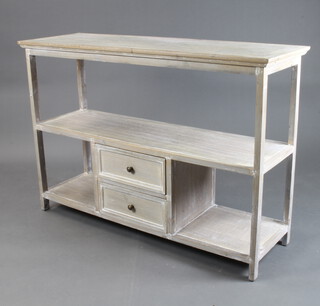 A rectangular grey painted display buffet fitted a recess above 2 drawers flanked by recesses, raised on square feet 84cm h x 121cm w x 41cm d 