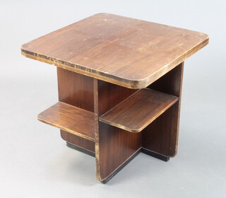 Criddle & Smith Ltd Truro, a square Art Deco mahogany occasional table fitted shelves (1 shelf missing and there is slight scratching and paint splashed to the top) 38cm h x 61cm w x 61cm d 