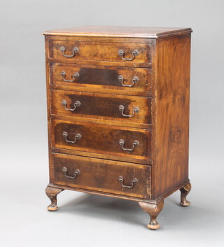 A Georgian style walnut chest with crossbanded top fitted 5 drawers with brass drop handles, raised on cabriole supports 91cm h x 60cm w x 41cm d (some water marks to the top) 