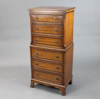 A Georgian style miniature inlaid mahogany chest on chest fitted 6 drawers, raised on splayed bracket feet 115cm h x 51cm w x 35cm d (top is slightly warped, some water marks and scratching in places)