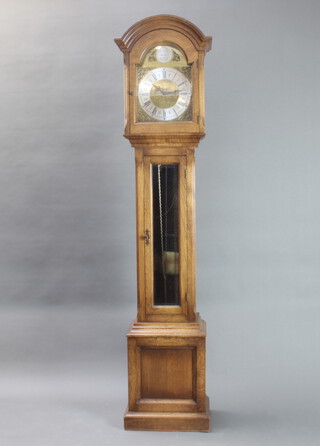 Julian Staton of Winchester, 20th Century Georgian style chiming longcase clock with arched gilt dial and silvered chapter ring, contained in an oak case 194cm h x 38cm w x 27cm d (2 of the weights are a/f)