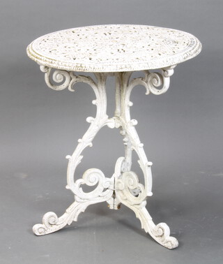 A Victorian style white painted pierced aluminium garden table raised on panelled supports 68cm h x 60cm (old repair to base) 