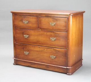 A Victorian mahogany D shaped chest of 2 short and 2 long drawers with brass drop handles 87cm h x 106cm w x 51cm d (small section of timber missing to back and veneer missing to the edge) 