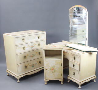 A 1950's white and floral painted bedside cabinet with recess above cupboard on cabriole supports 71cm h x 36cm w x 30cm d together with a similar chest fitted 4 drawers with brass drop handles on cabriole supports 93cm h x 76cm w x 45cm d (some paint loss in places) and matching triple plate dressing table mirror 46cm h x 105cm w x 42cm d (central mirror a/f and some loss of paint)