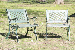A pair of green painted aluminium and wooden slatted garden seats 79cm h x 59cm w x 58cm d 