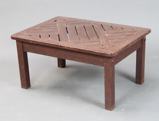 A rectangular brown painted slatted hardwood garden table 40cm h x 80cm w x 59cm 
