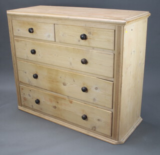 A 19th Century Continental pine chest of 2 short and 3 long drawers with turned ebony handles 118cm h x 142cm w x 57cm d (split to the top and to the side) 