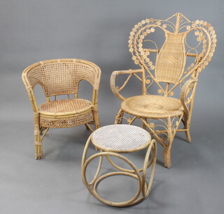 A 1960's cane open arm chair 110cm h x 63cm w x 49cm d (missing some binding to the left hand arm together with a tub chair 64cm x 44cm and a bamboo drum shaped stool with woven cane panel 41cm h x 41cm diam. 