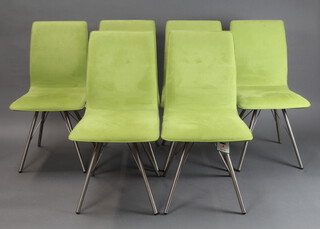 A set of 6 Venjakob tubular metal framed dining chairs the seats and backs upholstered in lime green 