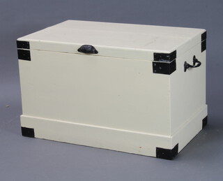 A 19th Century white and black painted metal banded pine trunk with iron drop handles 50cm h x 79cm w x 40cm d 