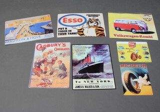 Six reproduction enamelled advertising signs - White Star Titanic 40cm x 29cm, Cadbury's Chocolate 40cm x 29, Brighton & Hove 28cm x 40cm, Esso, Volkswagen, Michelin 25cm x 25cm and Oxo Cubes 20cm x 25cm  