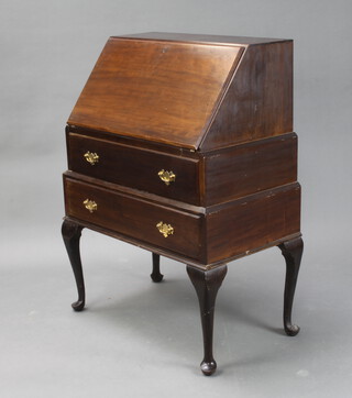 A Queen Anne style walnut bureau, fall front above 2 drawers, raised on cabriole supports 103cm h x 44cm w x 87cm d (signs of old but treated worm to legs)