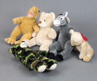 Two light brown teddy bears, a camouflage bear, cuddly dinosaur and ditto donkey 