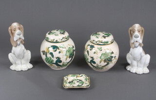 A pair of Masons Ironstone ginger jars and covers, an ashtray and 2 Nao hounds 