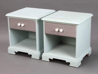 A pair of turquoise and grey painted bedside cabinets raised on bracket feet 52cm h x 47cm w x 46cm d 